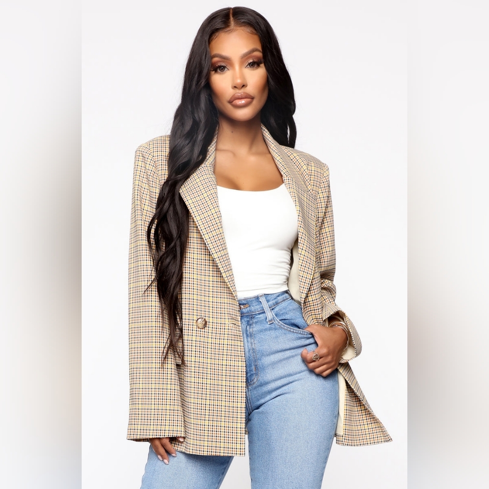Fashion Nova Houndstooth the Boss Babe Blazer Taupe/Yellow Size Small